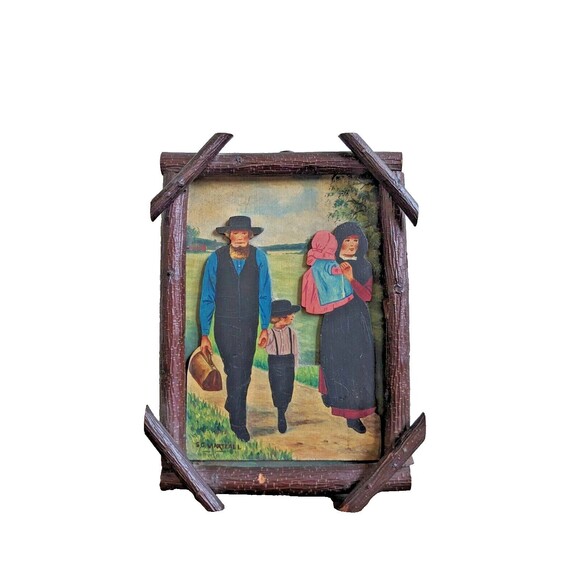 Vintage PA Amish 3D Oil Board Painting of Family Primitive Lancaster Co Martzall